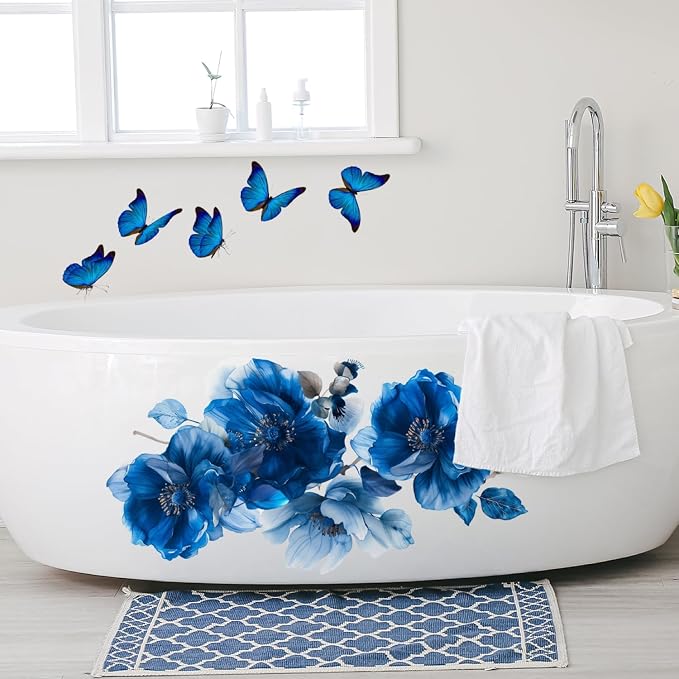 Blue Flower Wall Decals Peel and Stick Peony Floral Wall Sticker Decor Removable Peonies Bouquet Wall Murals with Butterflies for Girls Bedroom Living Room Bathroom Hallway Door Office Kids Nursery - Image 3