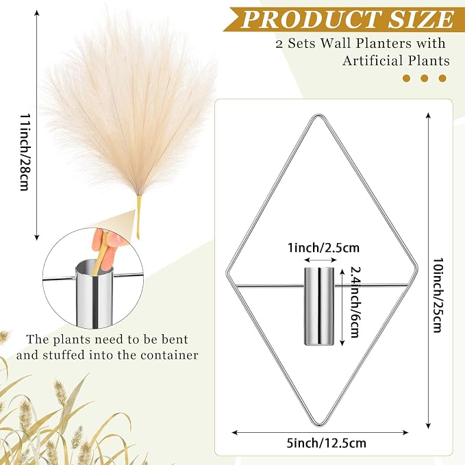Canlierr 2 Pcs Hanging Planters Wall Decor for Indoor, Metal Vase | Artificial Plants Included Pampas Grass, Geometric Boho Wall Art, Bathroom Bedroom Living Room Decor, Metal Holders - Image 2