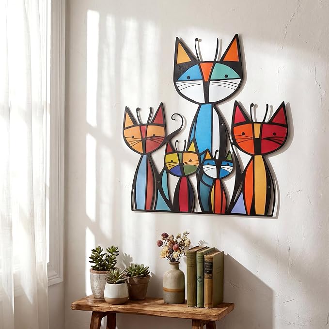 Wesiti Cat Wall Art Metal Sculpture Decor 10.2x11.8 Retro Mid Century | Colorful Geometric Feline Art, Metal Wall Hanging for Living Room Bedroom, Gift for Pet Lovers, Mid Century Modern by Unteilti