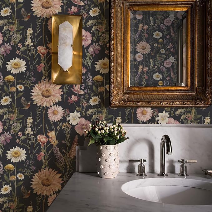 Livebor Dark Floral Peel and Stick Wallpaper for Bathroom 16.9” x 196.8” | Vintage Floral Contact Paper Waterproof Birds Boho Flower Self Adhesive Removable Wall Paper Decorative for Cabinets Vinyl - Image 2