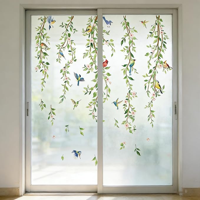 Green Leaf Vine Wall Decals, Hanging Plant Wall Stickers Birds | Floral Nature Decal Peel and Stick Mural for Bedroom Living Room Office TV Shower Door Home Decor - Image 5