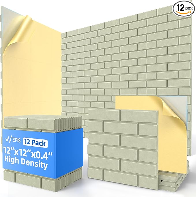 12 Pack Acoustic Panels with Self Adhesive Sound Proof Foam Panels for Wall | 12" X 12" X 0.4" High Density Soundproof Wall Panels, Brick Sound Absorbing Panels for Home Studio Office Decor - Sage by NEPIS