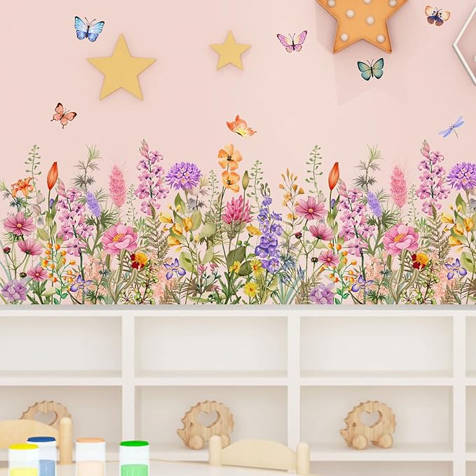 Wildflower Wall Decals Peel & Stick Floral Wall Art | Removable Flower Wall Stickers, For Girls Bedroom Nursery Living Room, With Butterflies Vines Daisies, DIY Home Decor - Image 5