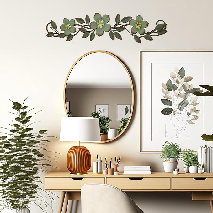 Wesiti Metal Flower Wall Decor Wrought Iron Scroll 15.7x3.7,Green | Vintage Metal Flower decor,Farmhouse Leaf Art with Nails, Flat Not 3D Design, For Bedroom Kitchen Indoor Outdoor Wall Decor - Image 3