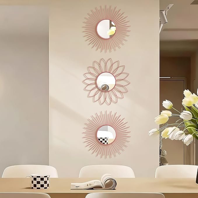 3 Pack Metal Mirrors for Wall Sunburst Wall Mirrors Home Décor Decorative Hanging Wall Art for Living Room Bedroom Entryway (Pink, Flower+Sunburst) - Image 5