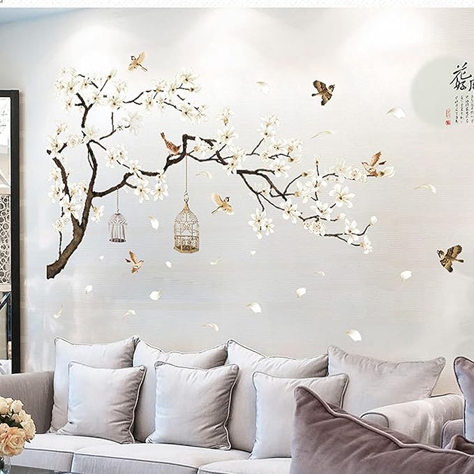 Large Chinese Style White Flowers Wall Stickers with Black Tree Flying Birds Wall Decals, Removable DIY Wall Art Decor Murals for Offices Living Room Bedroom Study Room Home Walls Decoration, 50x74in - Image 6
