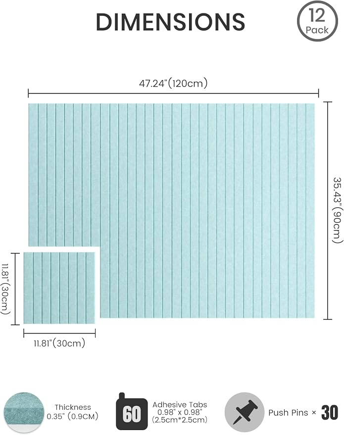 Bumusty 48"x 36" Large Felt Bulletin Board Tiles, Aqua Blue | 12-Pack Cork Board Alternative, Wall Decor, 30 Pushpins, 60 Adhesive Tabs, Vision Board, Office, Classroom, Home, Dorm - Image 2