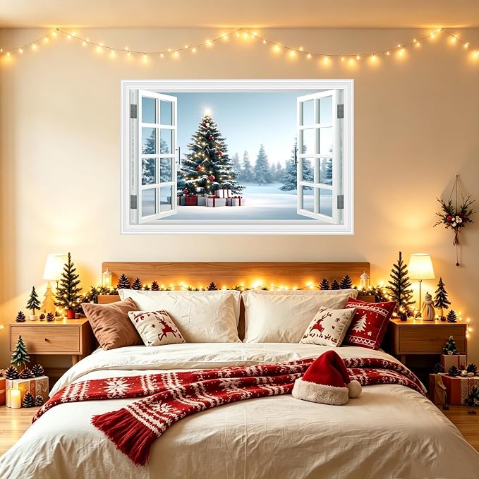 Fake Window Wall Decal - Christmas Tree Gift Winter Wall Art Poster Mural | ｜Faux Window Snow Snowfield Landscape Mural ｜ Stick and Peel Wall Decals｜for Xmas Room Office Decor｜48"x32",Set of 2 Sheets - Image 3
