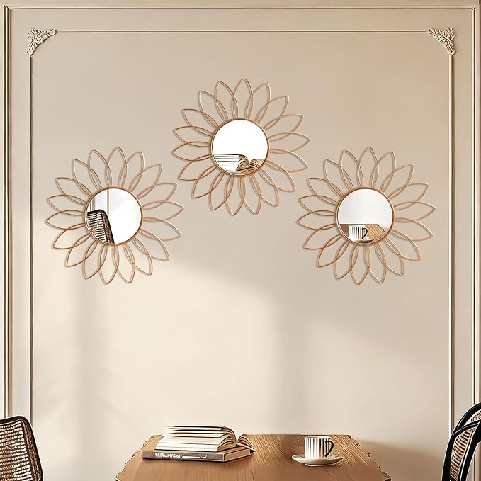 3 Pack Metal Mirrors for Wall Sunburst Wall Mirrors Home Décor Decorative Hanging Wall Art for Living Room Bedroom Entryway (Rose Gold2, Flowers) - Image 3