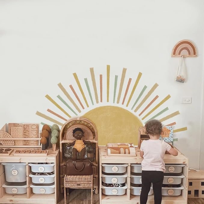 Large Radiant Boho Sunshine Wall Decal for Nursery Playroom | 48.07" x 24.82" Colorful Half Sun Wall Sticker, Peel and Stick Nursery Sun Rise Wall Mural for Kids Bedroom and Classroom by astrkiz