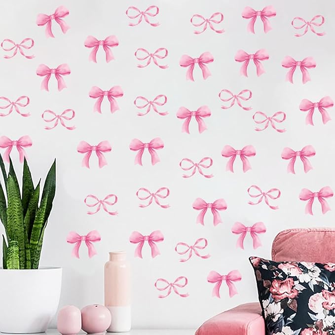 Arawat 8Sheet/80pcs Pink Bowtie Wall Stickers and Decals for Bedroom and Bathroom Bow Room and Wall Decor Coquette Room Decor for Bedroom Bow Sticker - Image 2