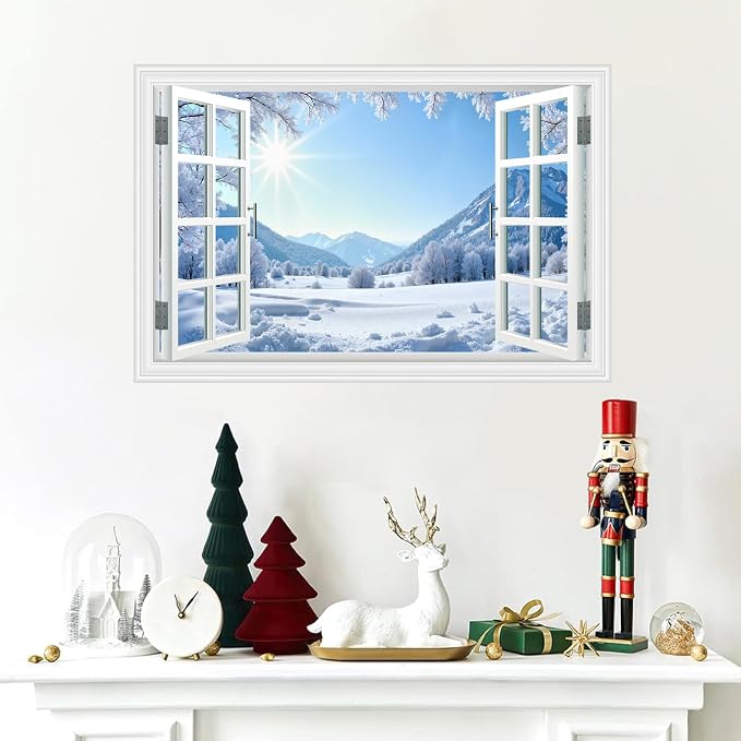 Fake Window Wall Decal- Winter Sunshine Snow Mountains Open Wall Sticker | Faux Window Conifer Forest Snowfield Landscape Mural｜Stick and Peel Wall Decals｜for Home Scene Decor｜48"x32",Set of 2 Sheets - Image 6