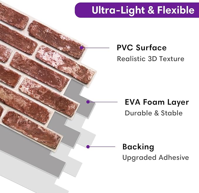 3D Peel and Stick Faux Brick Wall Panels 15.7" x 11.8" 10-Pack | Vintage Red-Brown, Brick-Look Textured Wall Sticker, Thin PVC Self Adhesive Wall Tiles for Interior Decor, Cover 12.9 sq ft - Image 4