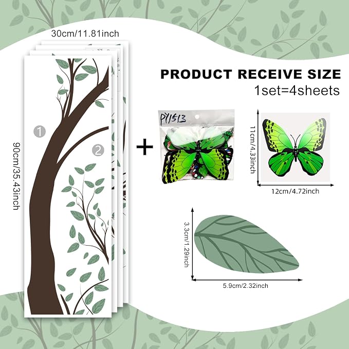 Large Green Tree Wall Decals 3D Green Butterfly Wall Stickers Peel and Stick Waterproof Wall Murals Decor for Living Room Bedroom Classroom (Green Butterfly, 11.8 * 35.4inch) - Image 4