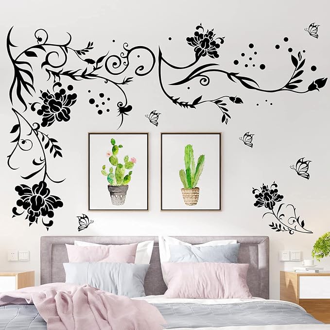 LiveGallery Black Vines Wall Decals Flowers Wall Stickers Twigs Vine Wall Decal DIY Removable Vinyl Chrysanthemum Wall Decor for Baby Kids Girls Bedroom Living Room Offices TV Sofa Background Home - Image 3