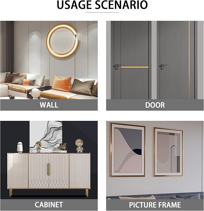 QDYMXUN Glossy Gold Peel and Stick PVC Molding Trim, Flexible DIY Wall Accent Strip for Mirror Frame, Cabinet, Edges & Borders and Tiles (197"L x 0.8"W) - Image 5