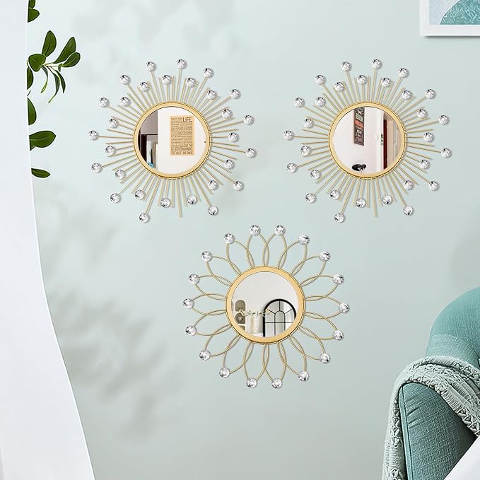 3 Pack Metal Mirrors for Wall Sunburst Wall Mirrors Home Décor Decorative Hanging Wall Art for Living Room Bedroom Entryway (Gold Crystal, Flower+Sunburst) - Image 5