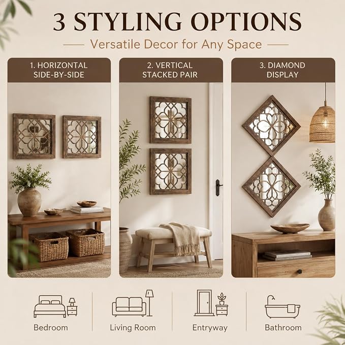 Boho Wall Mirror Decor, Set of 2 Rustic Farmhouse Mirror 12x12 Inch, Square Shatterproof Vintage Style Mirrors for Wall, Small Decorative Mirrors for Living Room, Bedroom，Maroon - Image 8