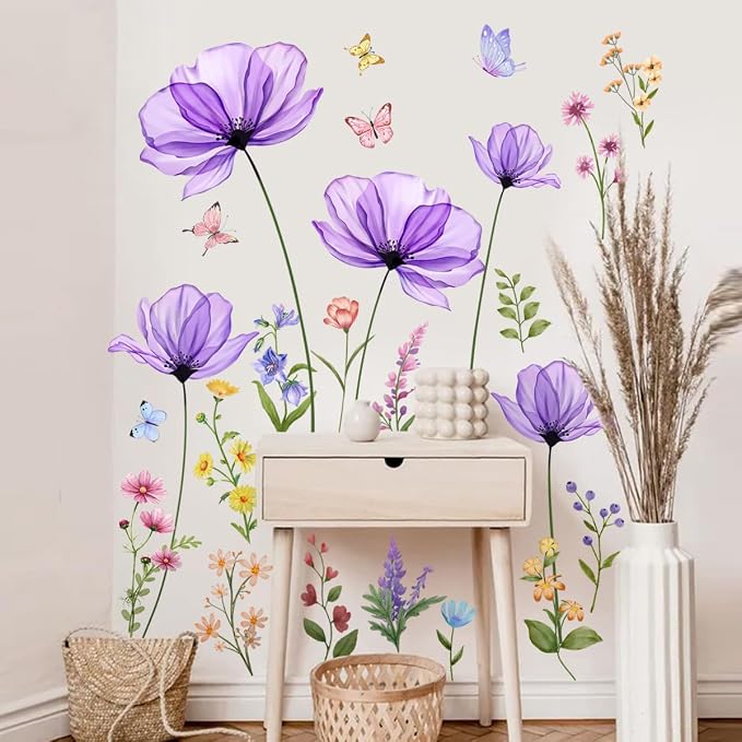 Purple Flower Wall Decals, Removable Wall Stickers & Murals for Living Room- 51.18inches x27.55inches by ZARROUEA