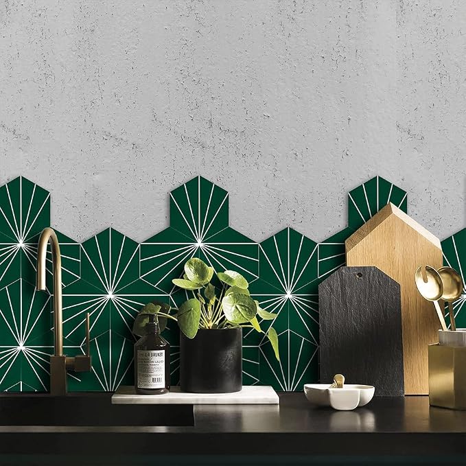 AULIGET Flower Vintage Hexagon Tile Peel and Stick Backsplash, 6"x7" Self Adhesive Wall Tiles in Green (Pack of 45) - Image 2
