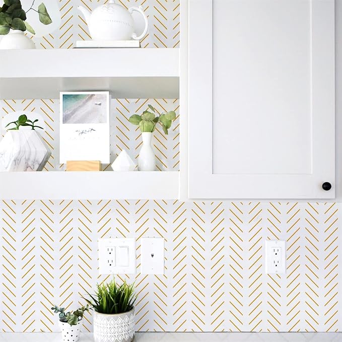 Orainege Peel and Stick Wallpaper Yellow and White Contact Paper | 17.7 in x393.7 in Herringbone Geometric Wall Paper Peel and Stick Modern Lines Decorative Self Adhesive Wallpaper for Bedroom - Image 7