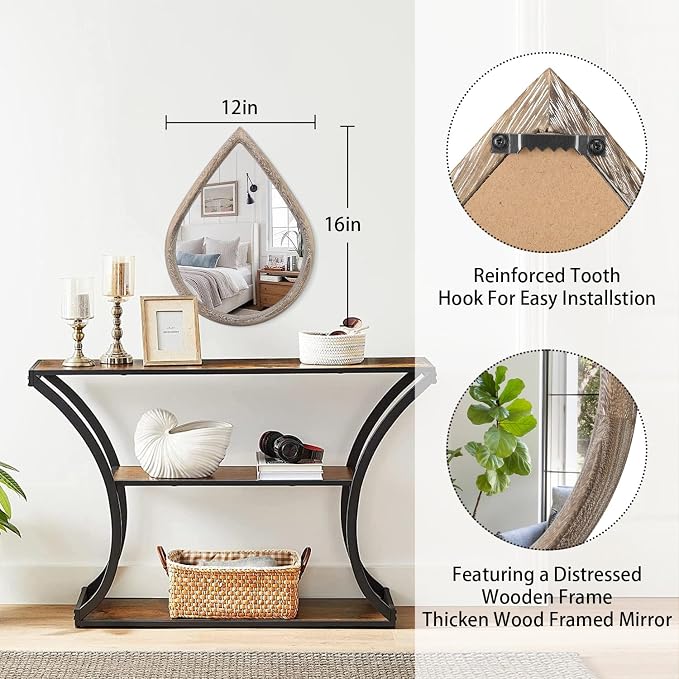 Small Mirror for Wall Solid Wood Bathroom Mirror Farmhouse Teardrop Wall Hanging Mirrors Decorative for Entryway Hallway Living Room Bedroom Retro Brown - Image 5