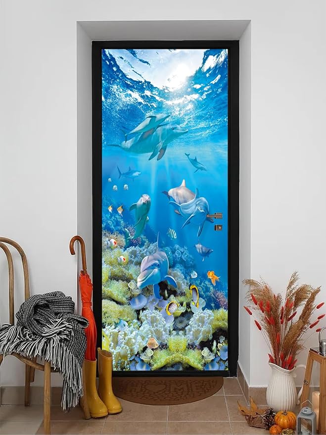 artfanke 3D Peel and Stick Door Sticker 33.5"x84.6"- Self-Adhesive Door Murals Wallpaper-Blue Ocean Dolphins Wall Poster Decal for Home Decor (2 Sheets/Set) by artfanke