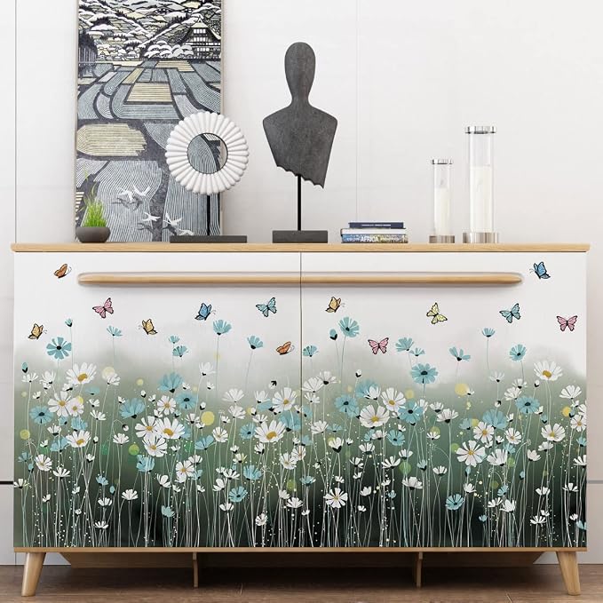 2 Sheets Blue Daisy Wall Sticker White Flowers Wall Decals DIY Peel and Stick Butterflys Firefly Wall Stickers for Kids Girls Bedroom Living Room Bathroom Nursery Window Door Office Skirting Lines - Image 4