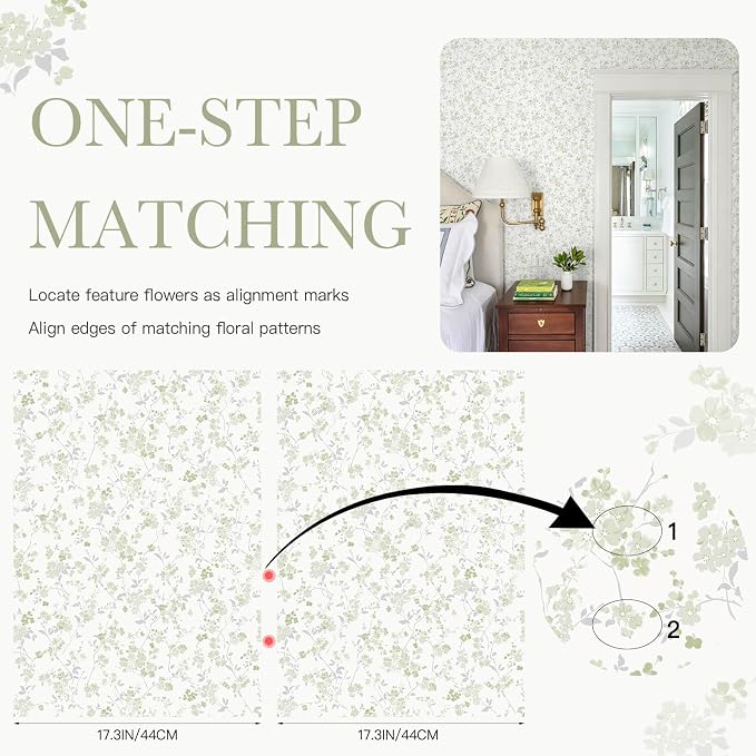 Peel and Stick Wallpaper for Nursery Green Cherry Blossom Waterproof | 197"×17.3" Green Floral Watercolor Wallpaper Gentle Accent Wall Decor with Grid Lines for Bedroom Vinyl Self-adhesive - Image 9