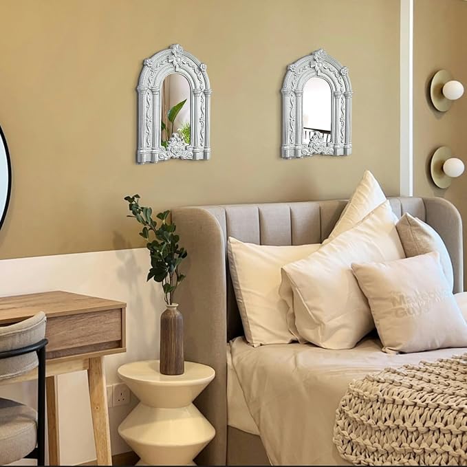 ZEXUIRU 2 Set Rustic Wall Mirrors for Bedroom Bathroom Living Room Entryway Wood Farmhouse Easy to Hang Framed Decorative Accent Hanging Wall-Mounted Mirror Set for Living Room - Silver - Image 4