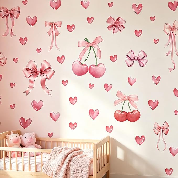 Arawat 58pcs Bowtie and Cherry Room Decor Pink Wall Stickers and Decals for Bedroom Bathroom and Living Room Cherry Wall Sticker and Decal Bow Decor by ARAWAT
