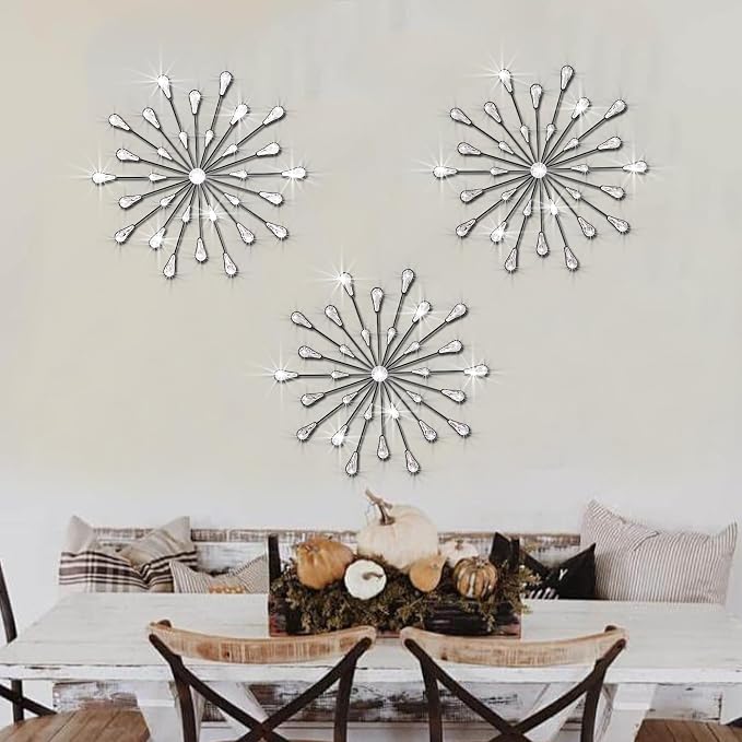 ZEXUIRU 3 Set Black Starburst Wall Art for Home Decor Metal Bling Crystal Rhinestones Sunburst Wall Decor Sparkling Rhinestone Art Accent Black - 13in by ZEXUIRU