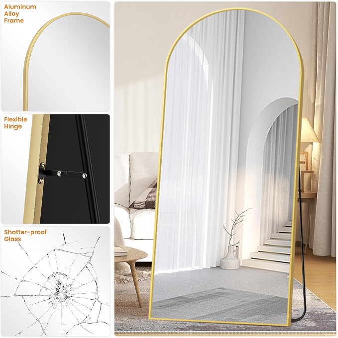 Arched Full Length Mirror, 75"x35" Standing Body Mirror for Wall, Gold - Image 8