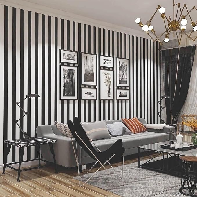 Black and White Striped Peel and Stick Wallpaper Self-Adhesive Removable Waterproof Wallpaper Wall Covering Cabinets Shelves Decorative A Set of 17.3"x300" by Qianglive