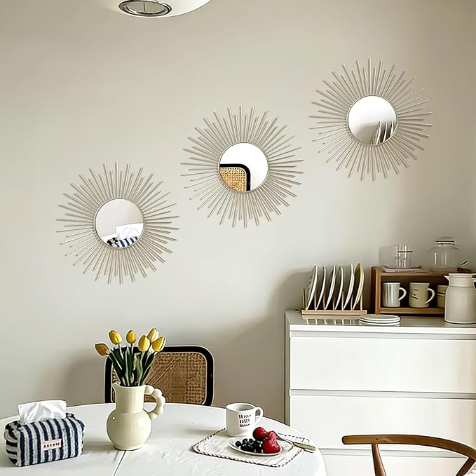 3 Pack Metal Mirrors for Wall Sunburst Wall Mirrors Home Décor Decorative Hanging Wall Art for Living Room Bedroom Entryway (Silver2, Sunburst) - Image 7