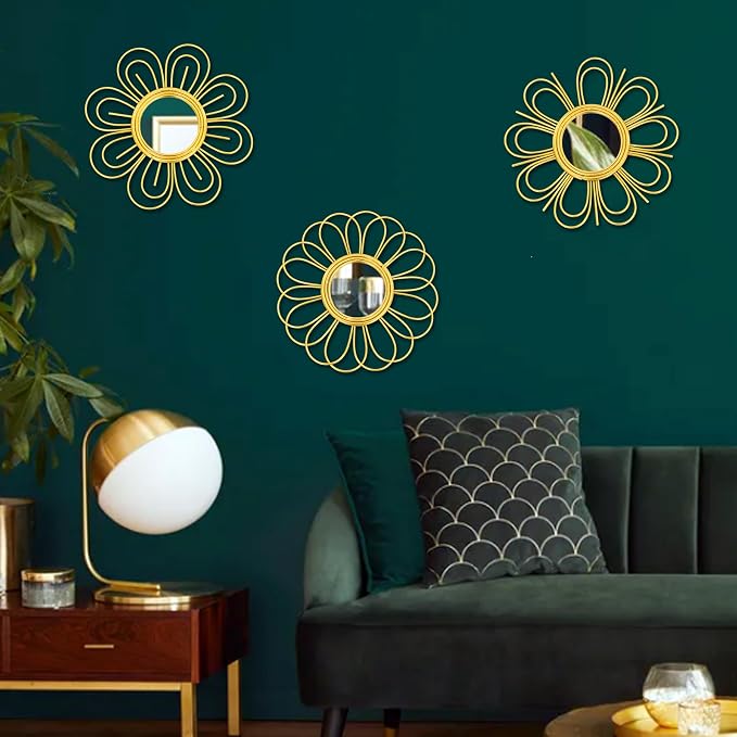 Gold Mirrors 3 Piece, 9 inch Flower-Indoor Shaped Mirror Hanging Wall Decor - Image 4