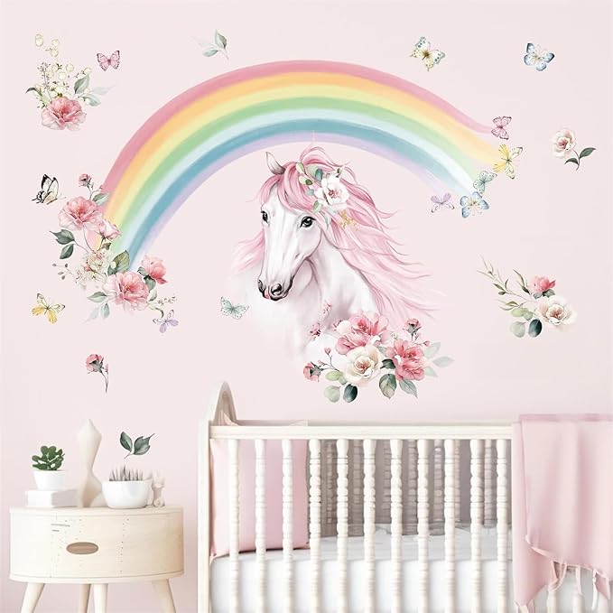 wondever Large Rainbow Wall Decals Horse Flower Wall Stickers | Peel and Stick, Removable, Wall Art Decals, Wall Decoration, Kids Room, Girls Bedroom Baby Nursery Playroom Decor - Image 2