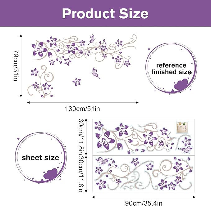 Supzone Flowers Vine Wall Decals - Purple Flowers Stickers With Butterflies, Removable Vinyl DIY Home Art for Bedroom, Living Room, Sofa Backdrop, TV Decoration - Image 7