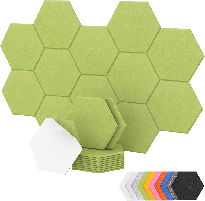 12 Pack High Density Hexagon Acoustic Panels, TONOR 12"x 10"x 0.4" Soundproof Wall Panels, Sound Absorbing Panels for Interior Wall Décor, Peel and Stick Modern for Studio, Office, Home, Green by TONOR