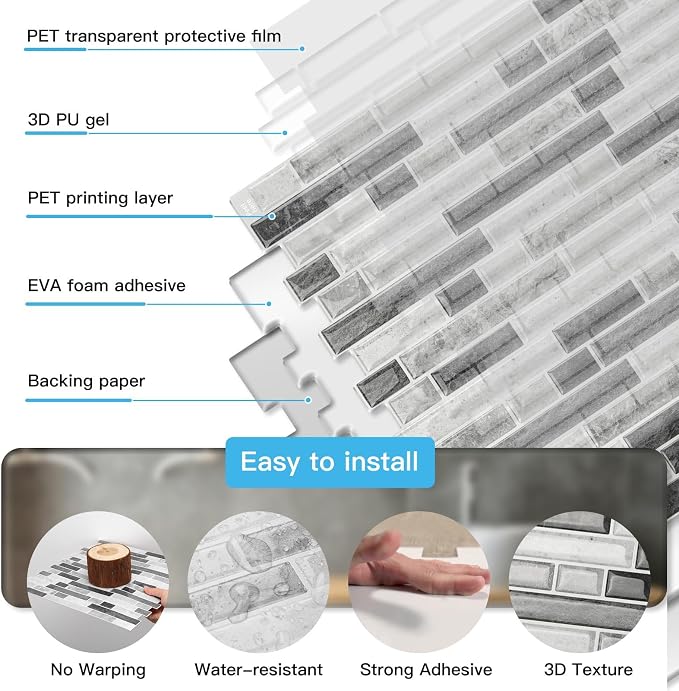 Art3d Linear Tile Peel and Stick Backsplash, 10-Sheet, Multi-Tone Gray | 12 x 12 Inch, Enhanced Thickness, Warp Resistant, Strong Adhesion, Sturdy, for Kitchen, Bedroom, Ideal for Home Improvement - Image 7
