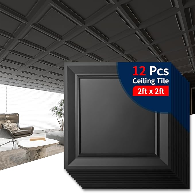 Art3dwallpanels Ceiling Tiles 24 x 24 Inch, 12 Pack, Black | Drop Ceiling Tiles, High Grade PVC Wall Panels, Drop in, Fire Rated, Waterproof, Light Weight, Cover 48 Sq.Ft - Image 8