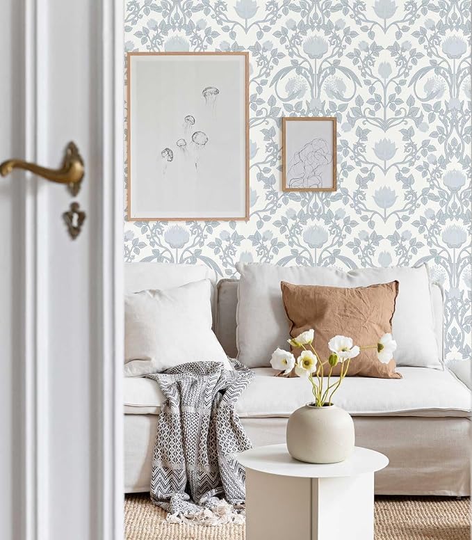 YXTII 17.3"×236.2" Blue Floral Peel and Stick Wallpaper, Damask Boho Wall Paper Vintage Wallpaper for Bedroom Bathroom Self Adhesive Removable - Image 4