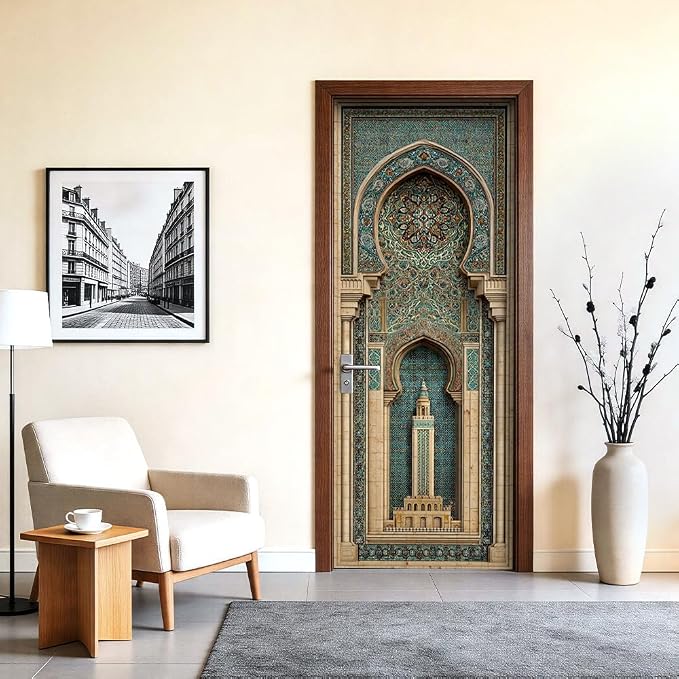 Moorish Arch Door Mural, Turquoise Mosaic Minaret Door Cover | Waterproof PVC, 30.3" W x 78.7" L; ornate arch design for entryway, bedroom, study, office or closet doors. - Image 2