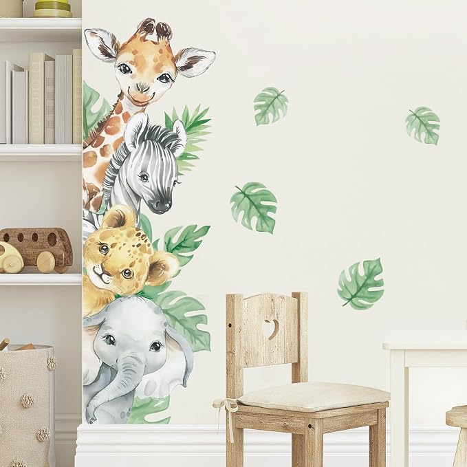 Supzone Jungle Animal Wall Stickers - Cartoon Animal Wall Decals with Giraffe, Zebra, Elephant & Green Leaves - Wall Art Stickers for Kids, Baby Nursery, Bedroom, Playroom & Kindergarten Decor - Image 3