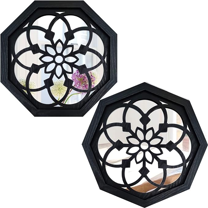 ZOLAPI 2-Piece Octagon Wall-Mounted Mirrors,Vintage Farmhouse Mirror for Wall Decor,Black Decorative Accent Mirror for Foyer, Bathroom, Bedroom. (12”x12”) by ZOLAPI