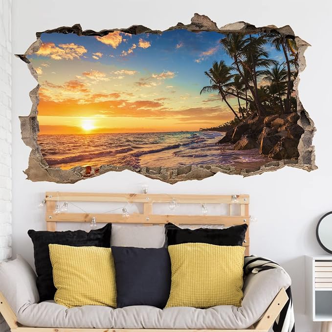 Sunset Beach Wall Decals 3D Broken Walls Stickers Peel and Stick Art Murals | Sunset palm tree stickers, removable beach seascape vinyl decal, for bedroom living room kitchen summer art print decorative by kokolap
