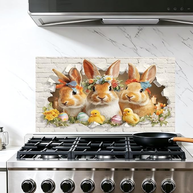 Easter Bunny Kitchen Backsplash Peel and Stick, 30x16 in | Flower-crowned bunnies bursting through brick wall with Easter eggs and chicks; flat 2D peel and stick; wipe clean; 30x16 in by JOYHAUE