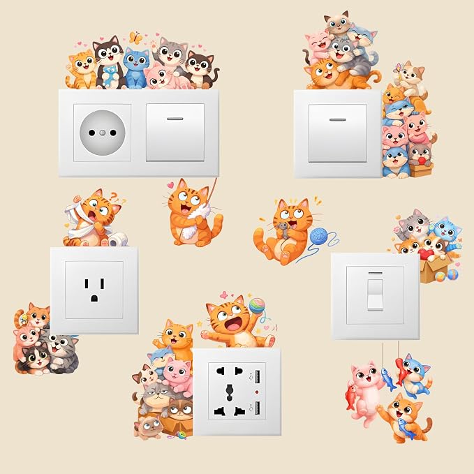 PLIGREAT 21 Pcs Cartoon Cat Wall Stickers, Cute Animal Wall Decals for Door Peel and Stick Vinyl Cats Switch Stickers for Nursery Bedroom Living Room Bathroom Home Door Corner Decor by PLIGREAT