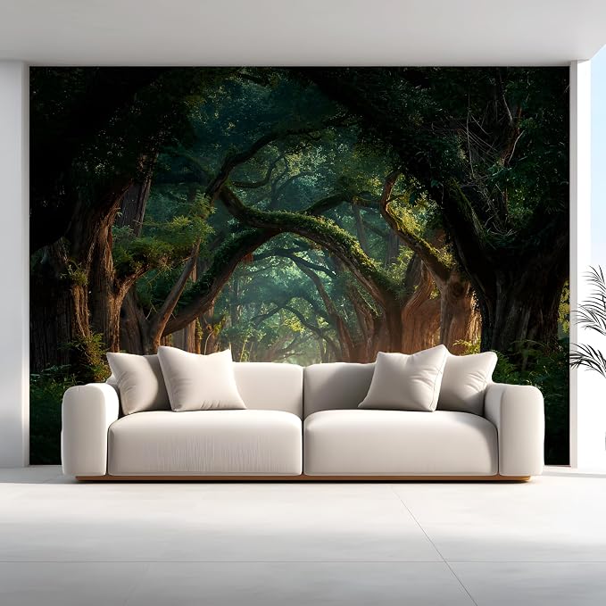 ASJ Forest Peel and Stick Wallpaper Mural, Enchanted Tree Tunnel Green | Seamless edge-to-edge match. Moody woodland path artwork, 139x94 in, premium fabric, living room bedroom decor. - Image 5