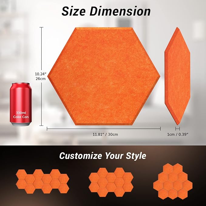 Self-adhesive Hexagon Acoustic Panels 12 Pack, TONOR 12"x 10"x 0.4" High Density Sound Proof Panels Tiles for Walls, Absorbing Noise and Eliminating Echoes Acoustic Foam for Home Studio Orange - Image 5